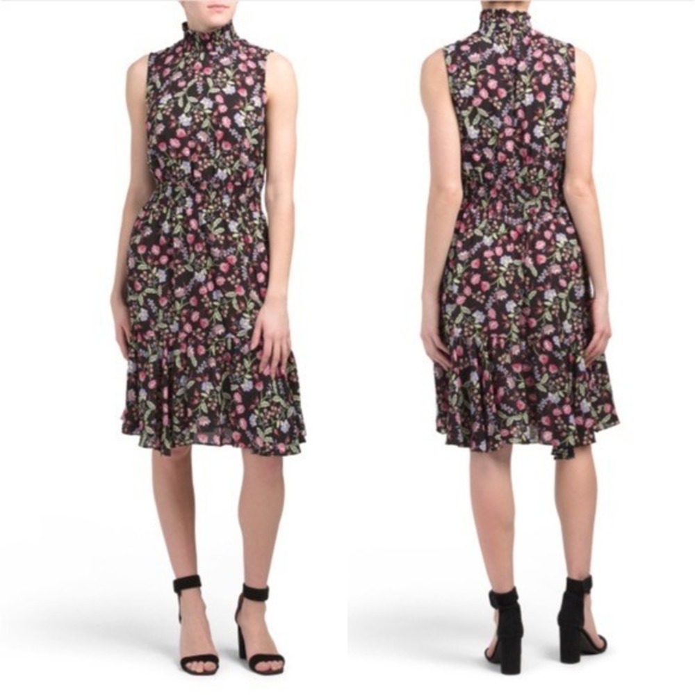 Nanette Lepore Dress Womens 10 Black Floral Smocked Mock Neck Tiered Great